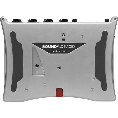 Back view of a Sound Devices 888 audio mixer on a white background