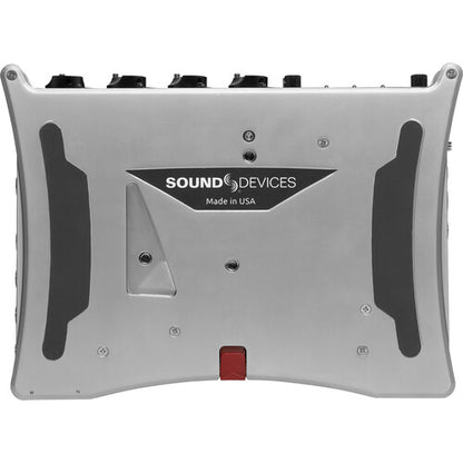 Back view of a Sound Devices 888 audio mixer on a white background