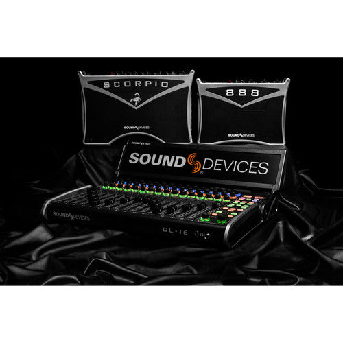 Sound Devices audio mixer with Scorpio and 888 branding on a black background